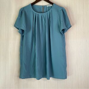 Zenana Women’s Round Pleated Neck Short Sleeve Top Blue Medium